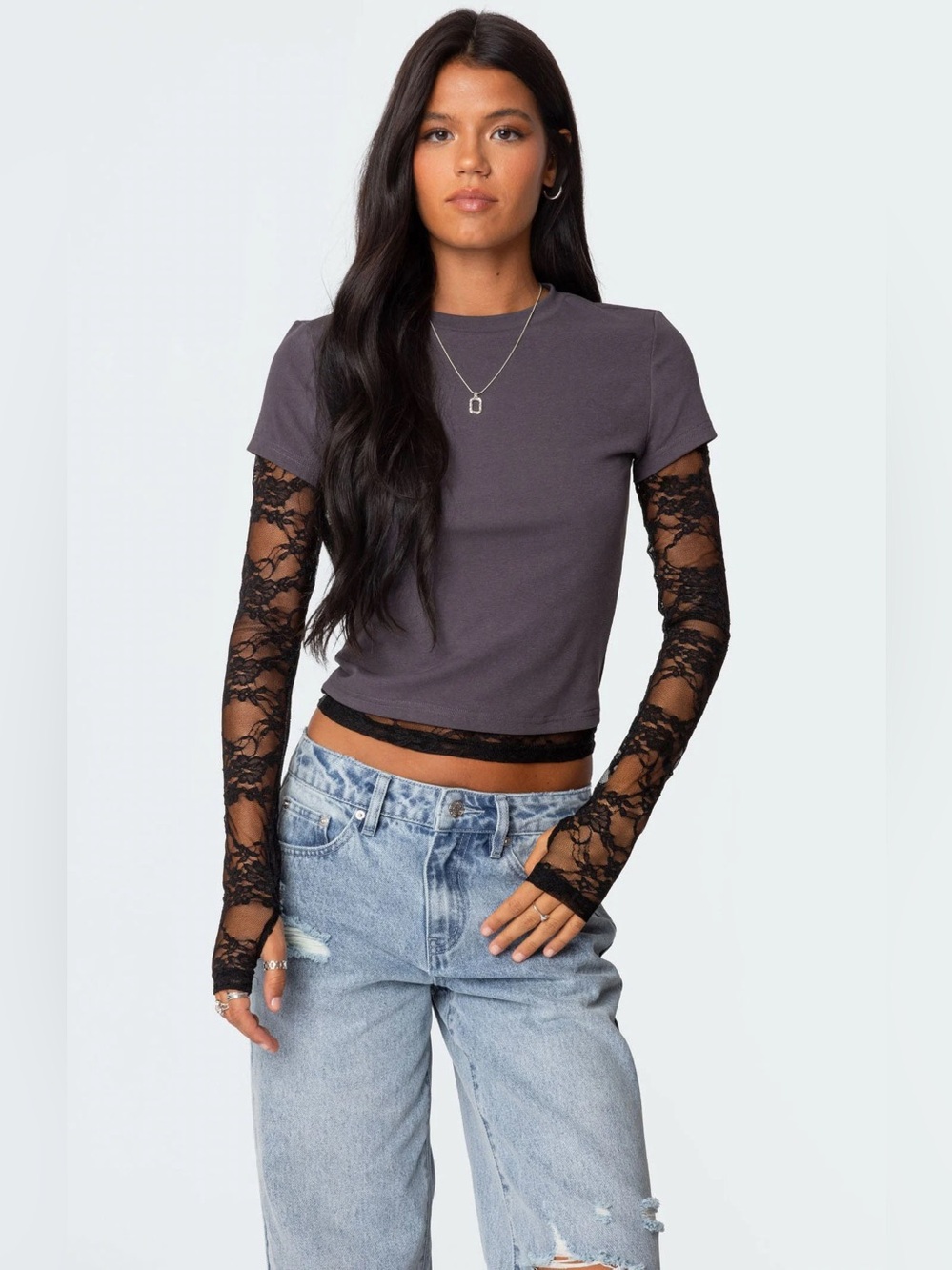 EDIKTED Layered Lace Long Sleeve T-Shirt Black Lace Gray Top  Sz S